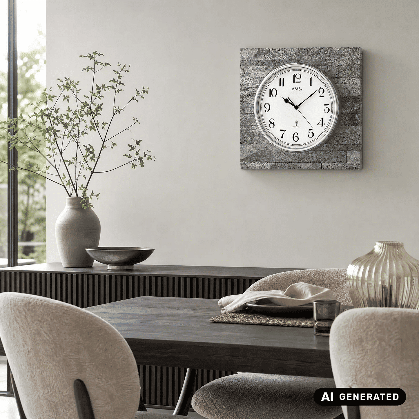 AMS Wanduhr mit weißem Ziffernblatt, römischen Zahlen, Anthrazit-Rahmen auf Wand
