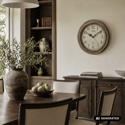 Runde AMS Funk-Wanduhr an der Wand, goldbrauner Rahmen, beiges Zifferblatt