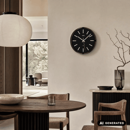 AMS Funk-Wanduhr an der Wand, schwarzes Zifferblatt mit silbernen Strichindizes