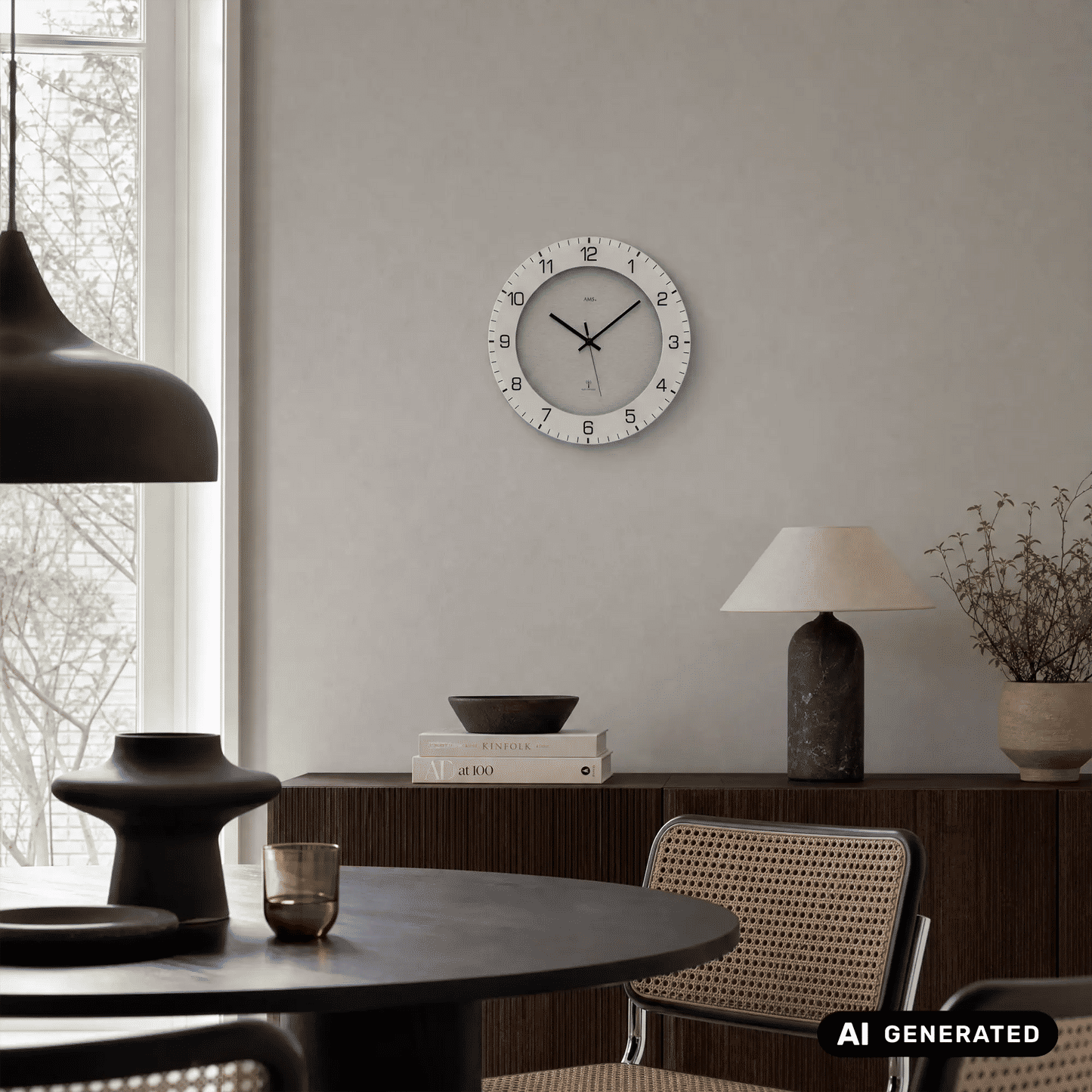 Runde beige Wanduhr mit weißem Rahmen und schwarzen Zeigern, klare Ziffern