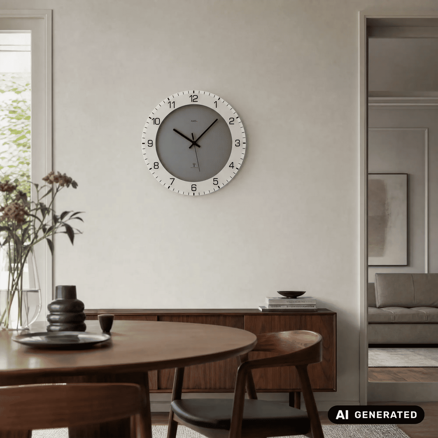 Wanduhr an heller Wand: anthrazitfarbenes Zifferblatt, weißer Ring und Zeiger