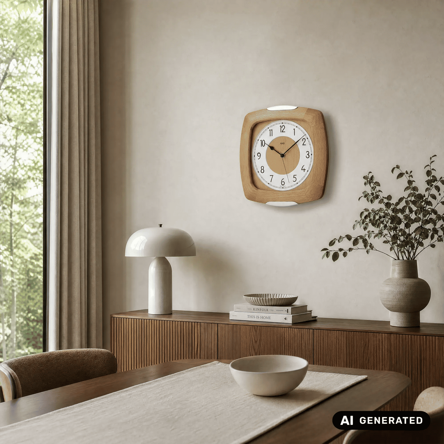 Funk-Wanduhr an der Wand mit Holzgehäuse und Mineralglas-Front, Zifferblatt mit Minutenringen