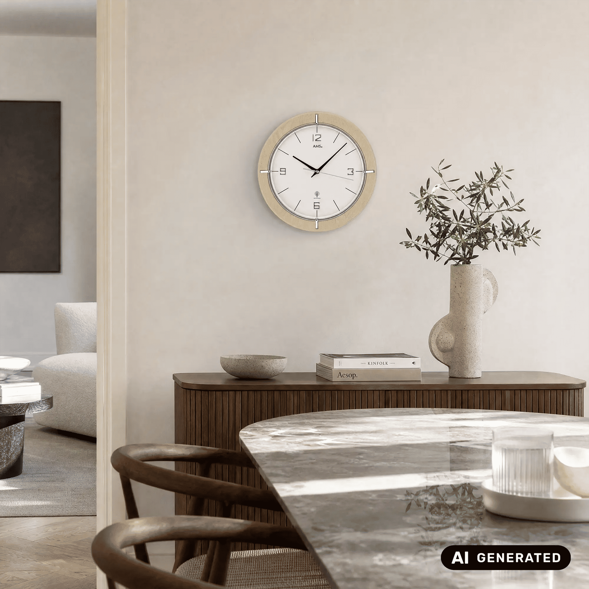AMS-Wanduhr mit Ahornrahmen und weißem Zifferblatt, schwarze Zeiger unter Mineralglas