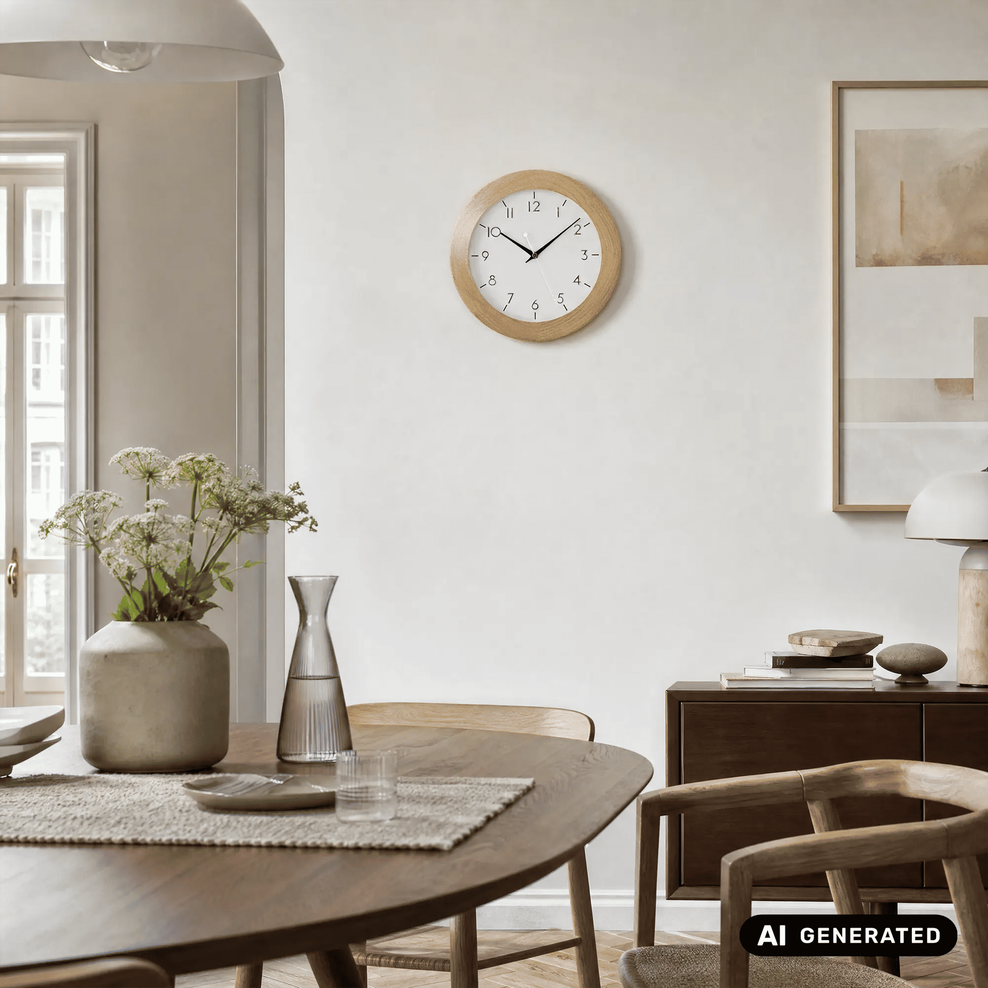 Wanduhr mit Holzrahmen und weißem Zifferblatt mit arabischen Zahlen und schwarzen Zeigern