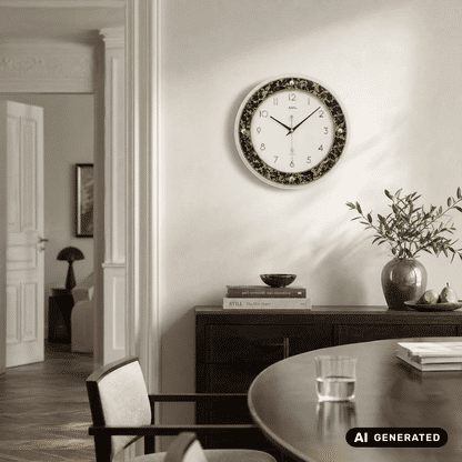 Wanduhr an Wand montiert, rundes Design mit braun-goldenem Rand und goldenen Zeigern