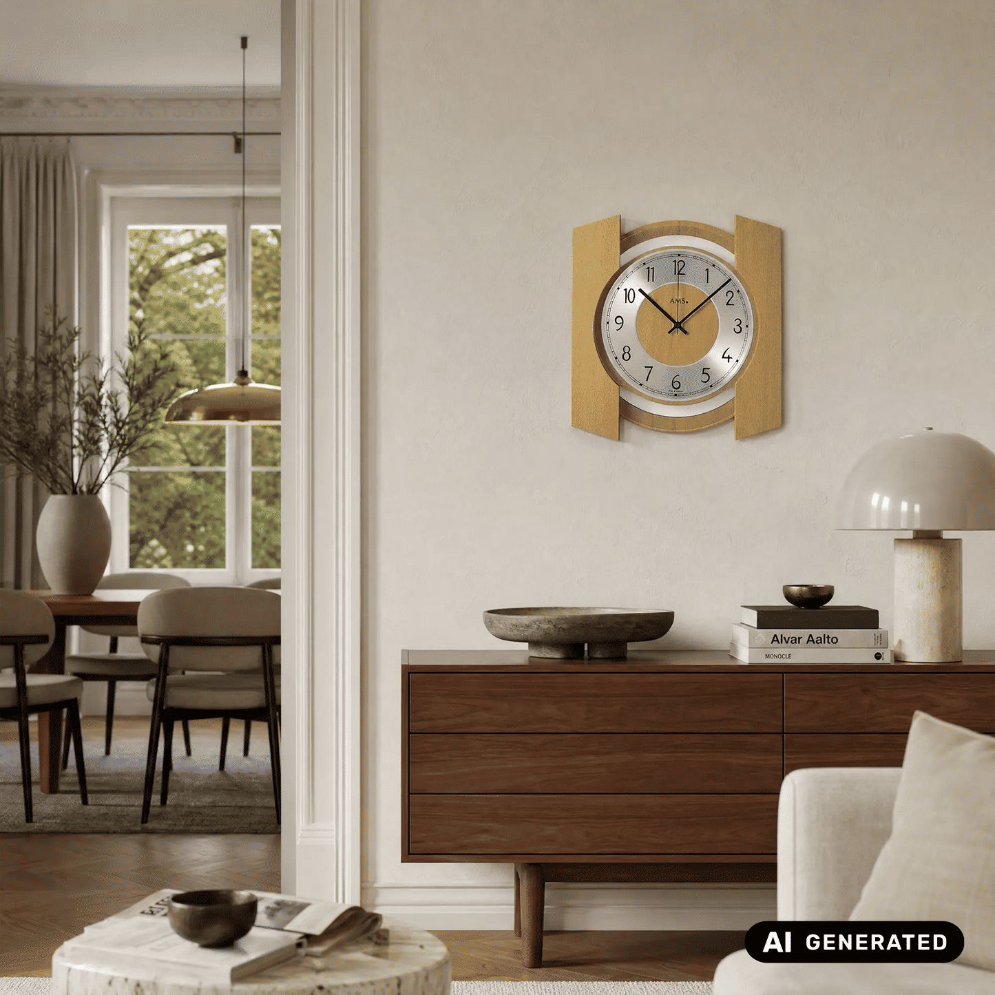 Wanduhr an der Wand mit hellem Holzrahmen und weißem Ziffernblatt, schwarze Uhrzeiger.