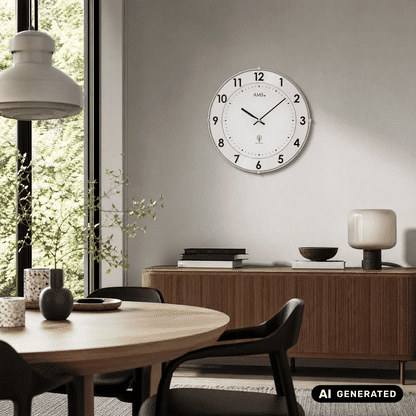 Funk-Wanduhr an der Wand mit weißem Ziffernblatt, schwarzen Zahlen und Zeigern