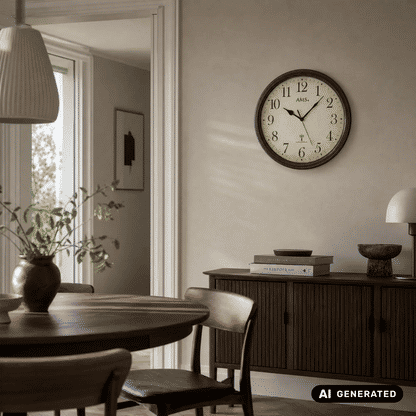 Wanduhr an der Wand: runder schwarzer Metallrahmen, beiges Zifferblatt mit Zahlen