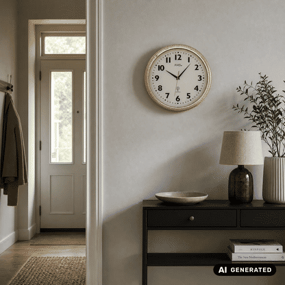Funk-Wanduhr an der Wand: Messingfarbener Rahmen, weißes Zifferblatt, schwarze Stundenmarkierungen