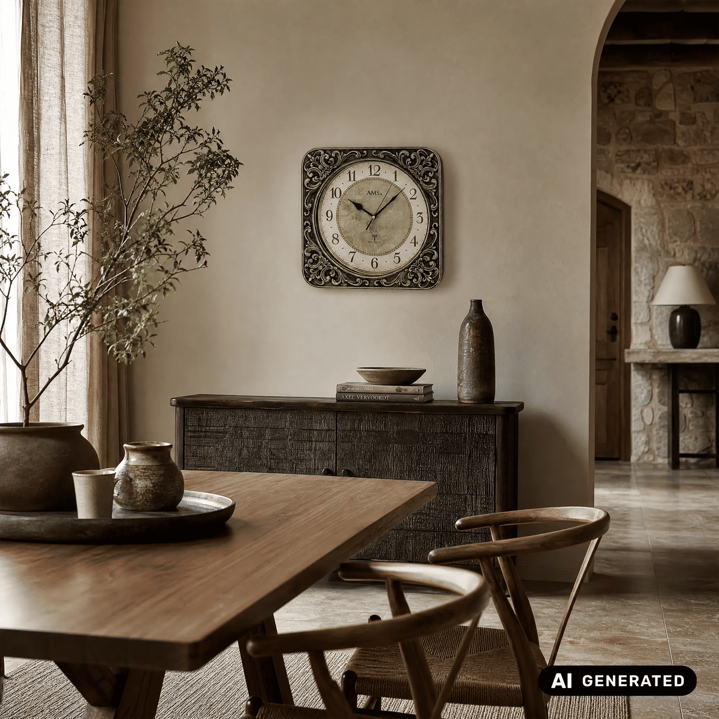 Funk-Wanduhr an der Wand: quadratisches Design, ornamentale Einfassung, Ziffernblatt mit Zeigern