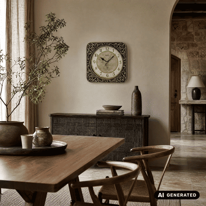 Funk-Wanduhr an der Wand: quadratisches Design, ornamentale Einfassung, Ziffernblatt mit Zeigern