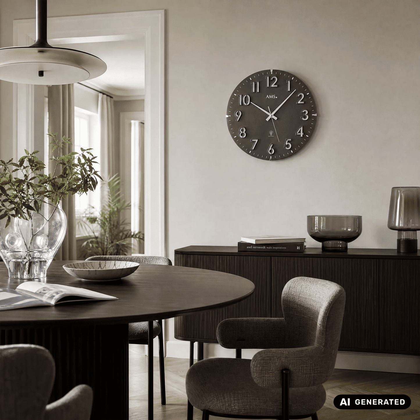 AMS Funk-Wanduhr an der Wand, rundes dunkles Zifferblatt mit silbernen Ziffern und Zeigern