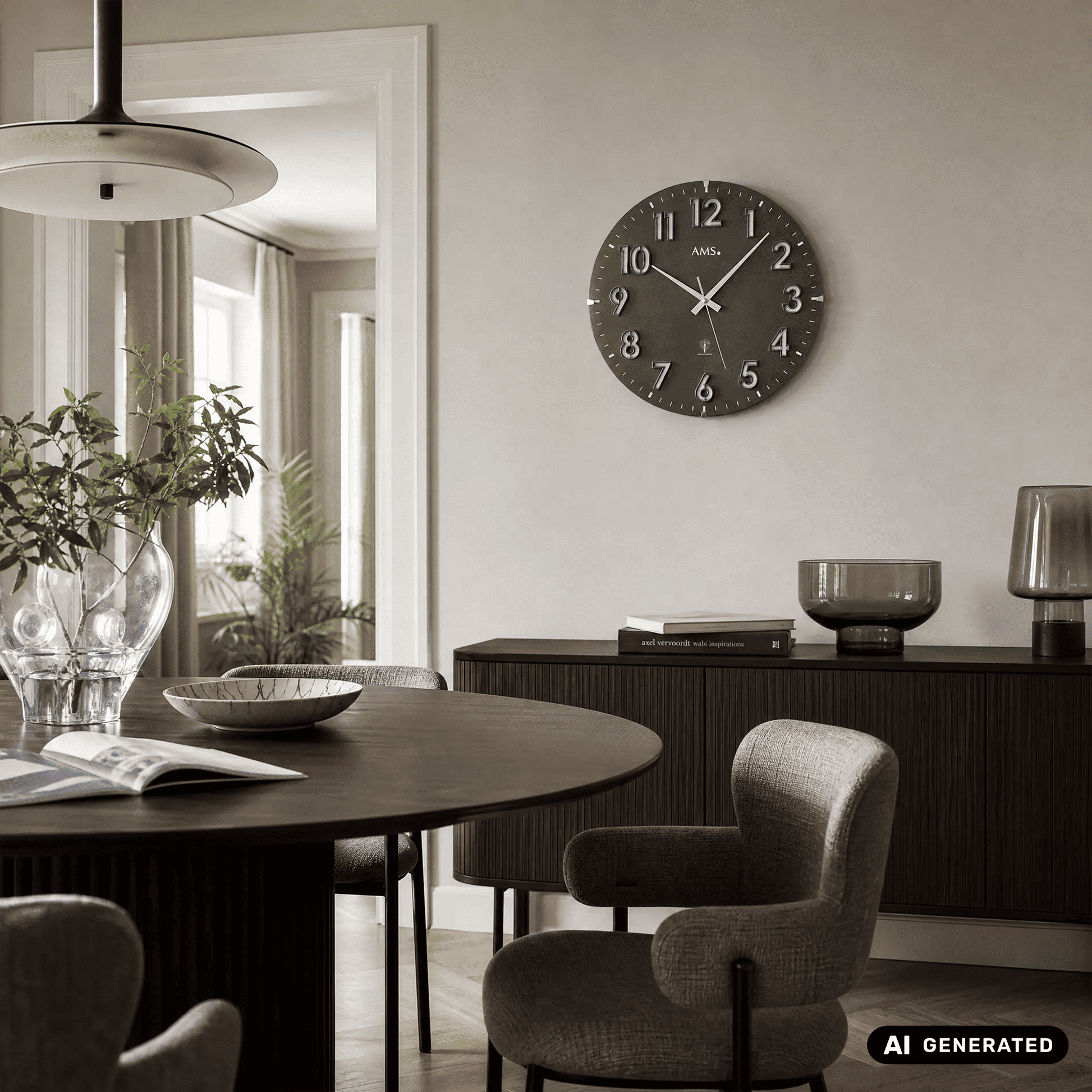 AMS Funk-Wanduhr an der Wand, rundes dunkles Zifferblatt mit silbernen Ziffern und Zeigern