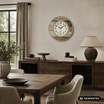 Runde Wanduhr im Landhausstil, brauner Rahmen und weißes Ziffernblatt an der Wand