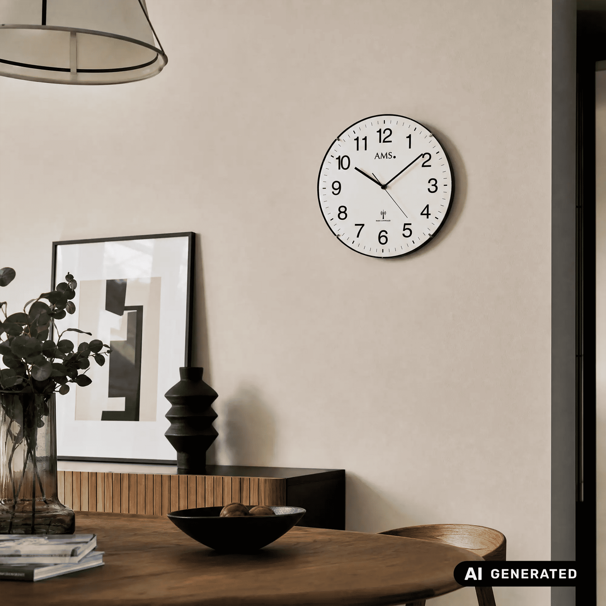 Runde Funk-Wanduhr an der Wand mit weißem Ziffernblatt, schwarzen Zeigern und Zahlen