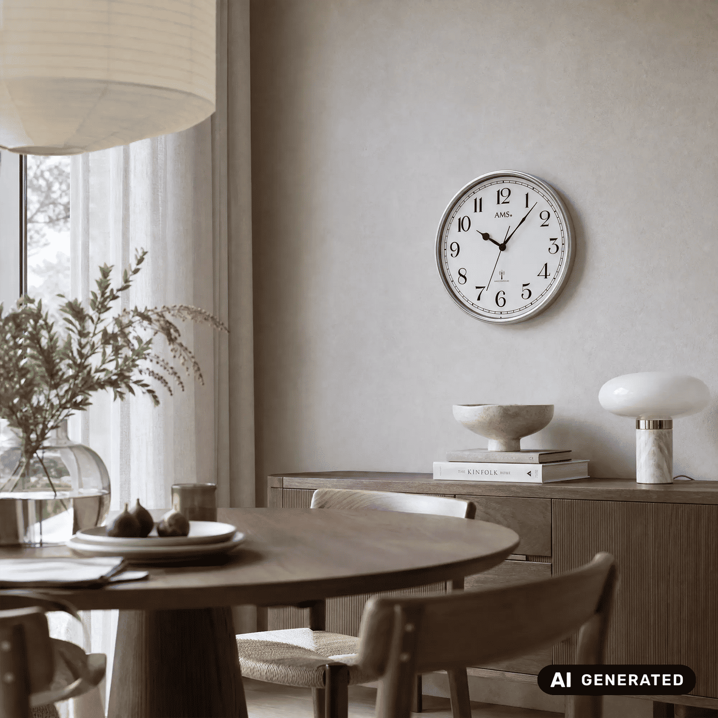 Funk-Wanduhr an der Wand, silberner Rahmen, weißes Ziffernblatt mit schwarzen Zahlen und Zeigern