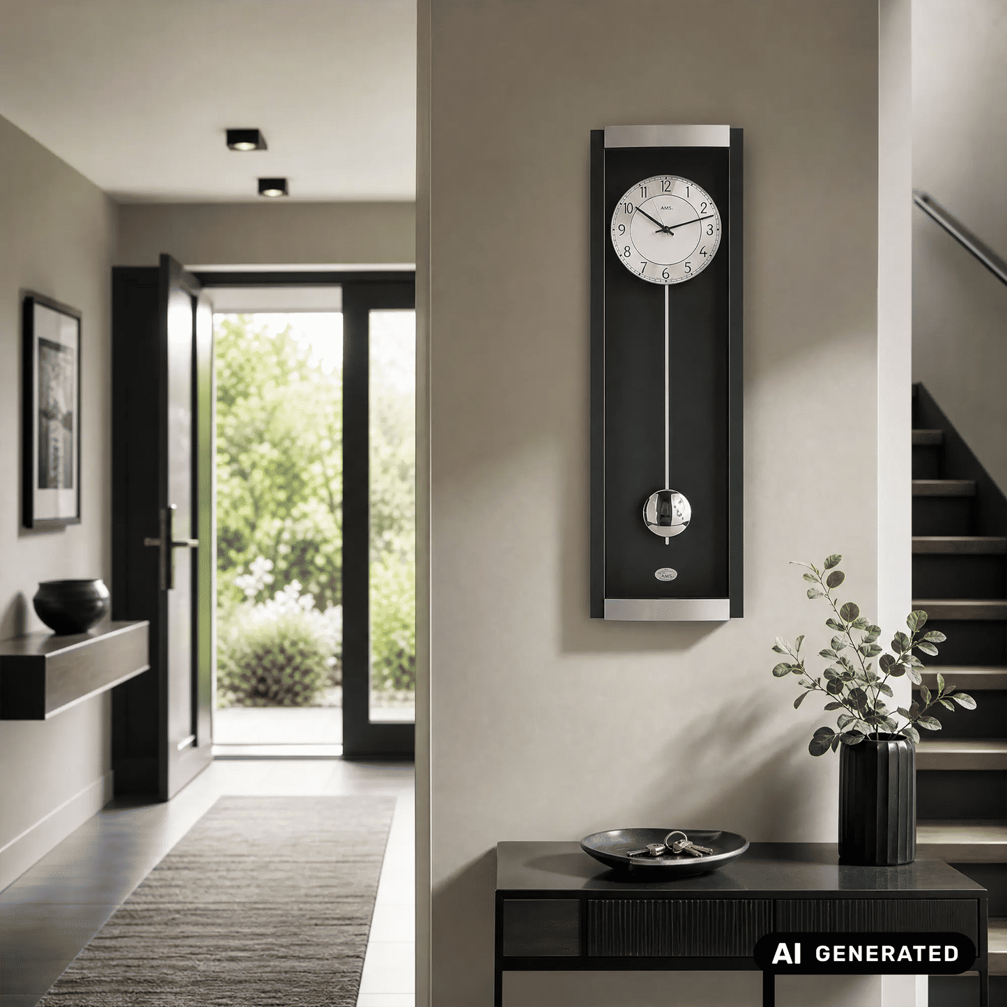 Wand-Pendeluhr in Schwarz mit weißem Ziffernblatt und silberner Pendelkugel