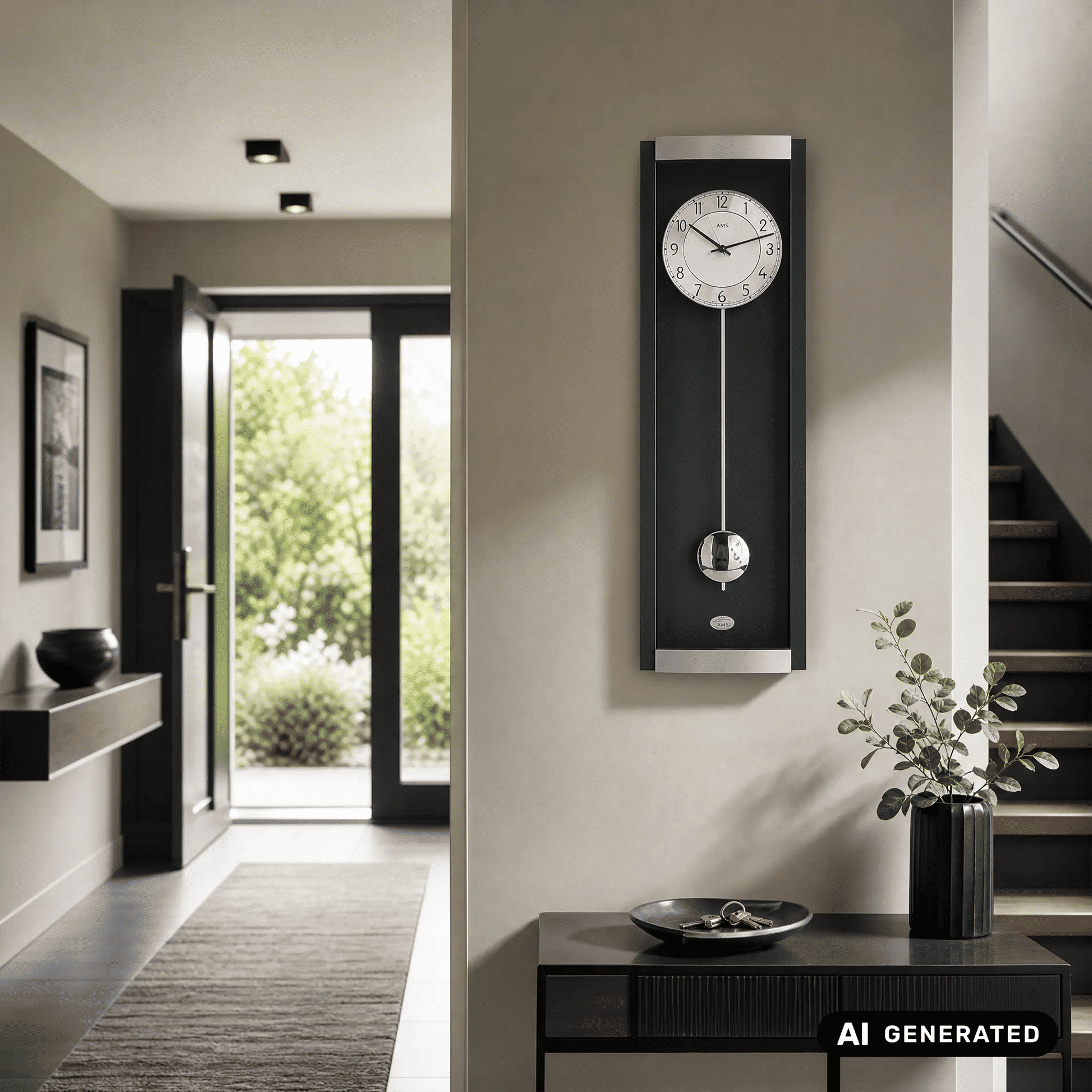 Wand-Pendeluhr in Schwarz mit weißem Ziffernblatt und silberner Pendelkugel