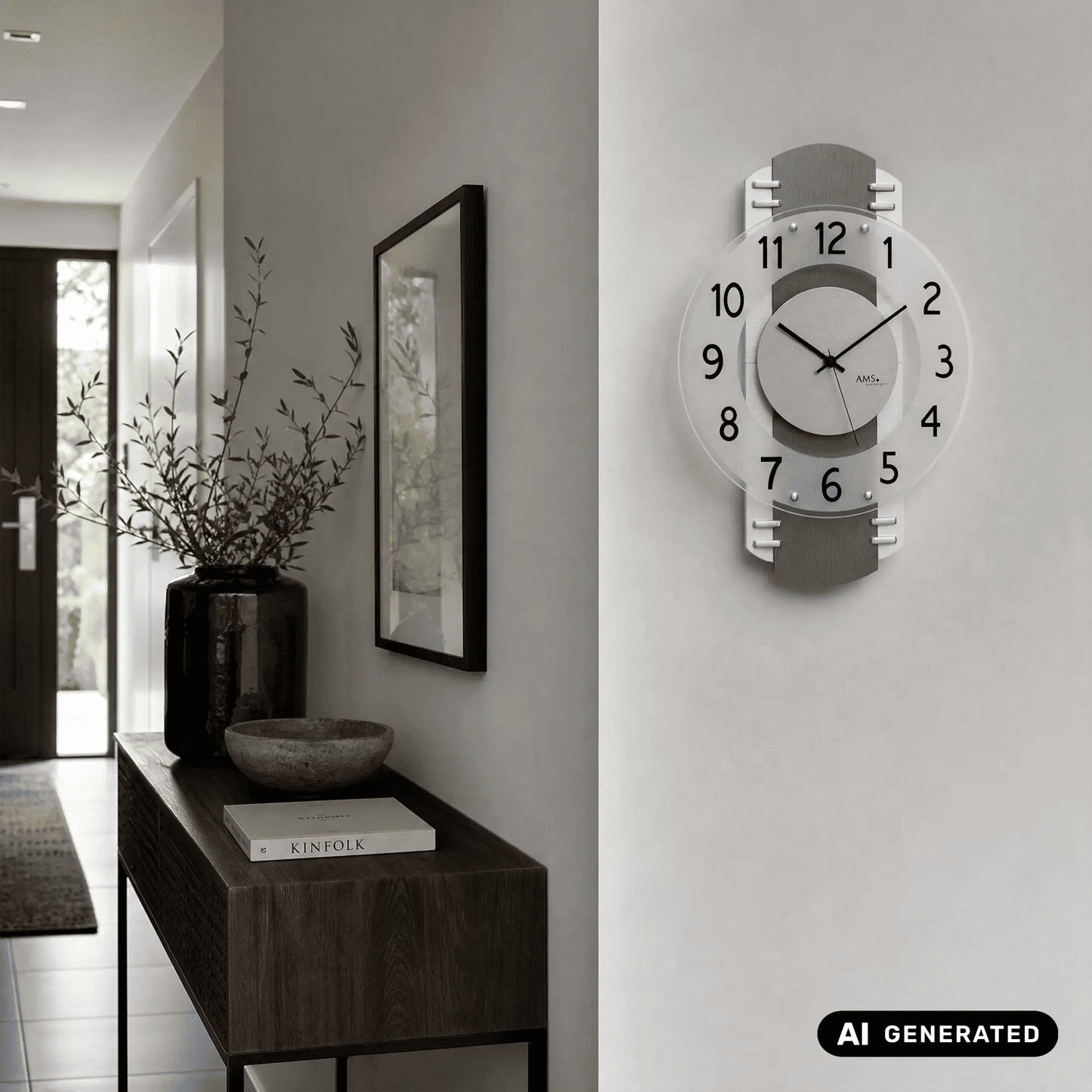 Wanduhr mit anthrazitgrauem Ziffernblatt, weißen Zeigern und weißem Rand