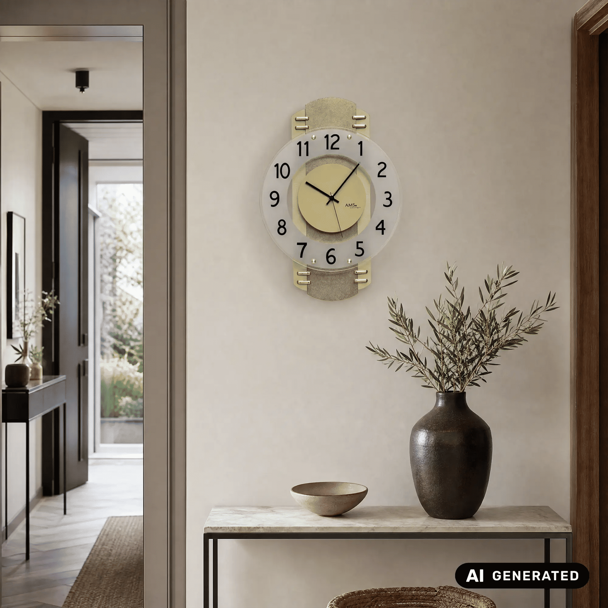 Funk-Wanduhr mit rundem Ziffernblatt, schwarzen Zeigern, römischen Ziffern und Messingantik-Rahmen