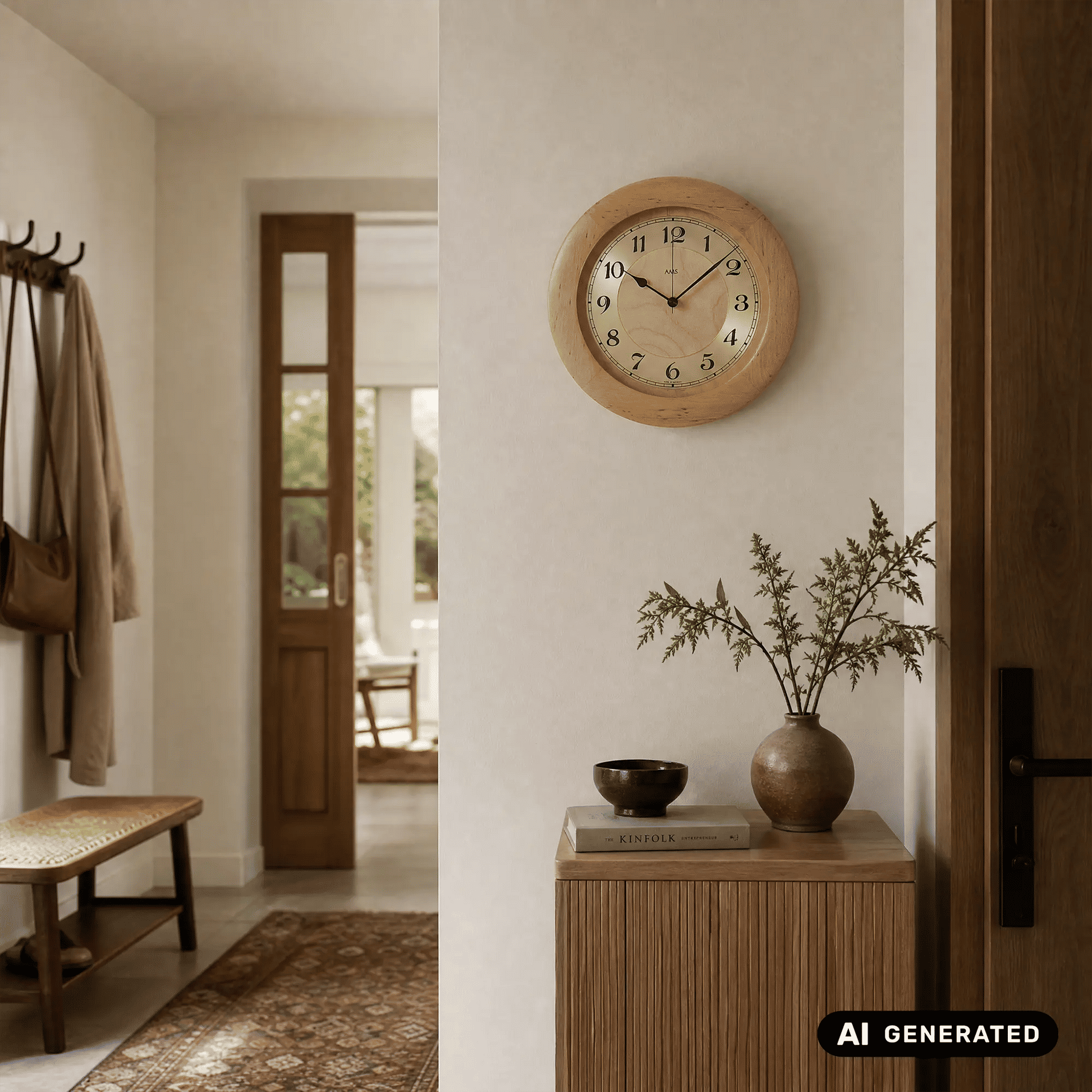 Runde Wanduhr mit naturfarbenem Holzrand und analogem Zifferblatt mit schwarzen Zahlen und Zeigern