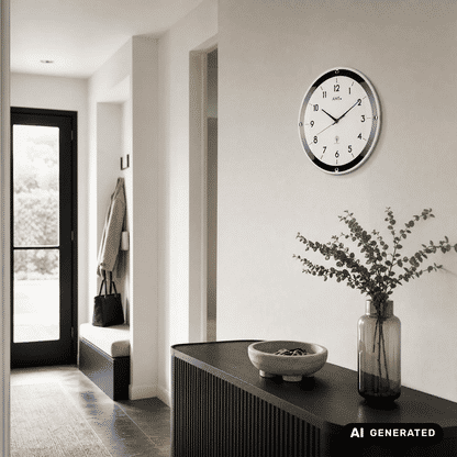 Wanduhr an der Wand, schmaler silberner Rand, schwarzer Rahmen, weißes Zifferblatt