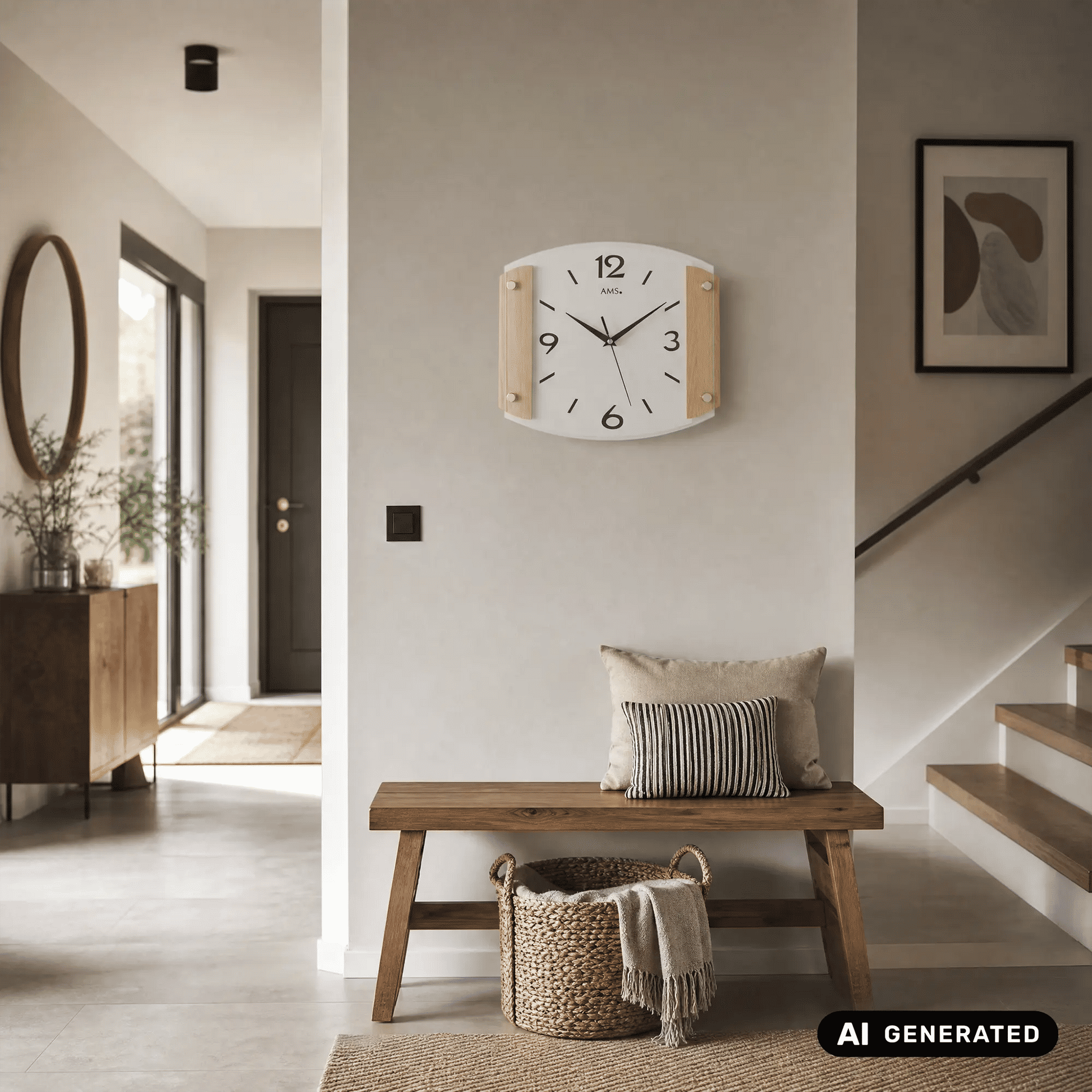 Wandmontierte runde Wanduhr mit weißem Zifferblatt, schwarzen Zeigern und hellem Holzrahmen