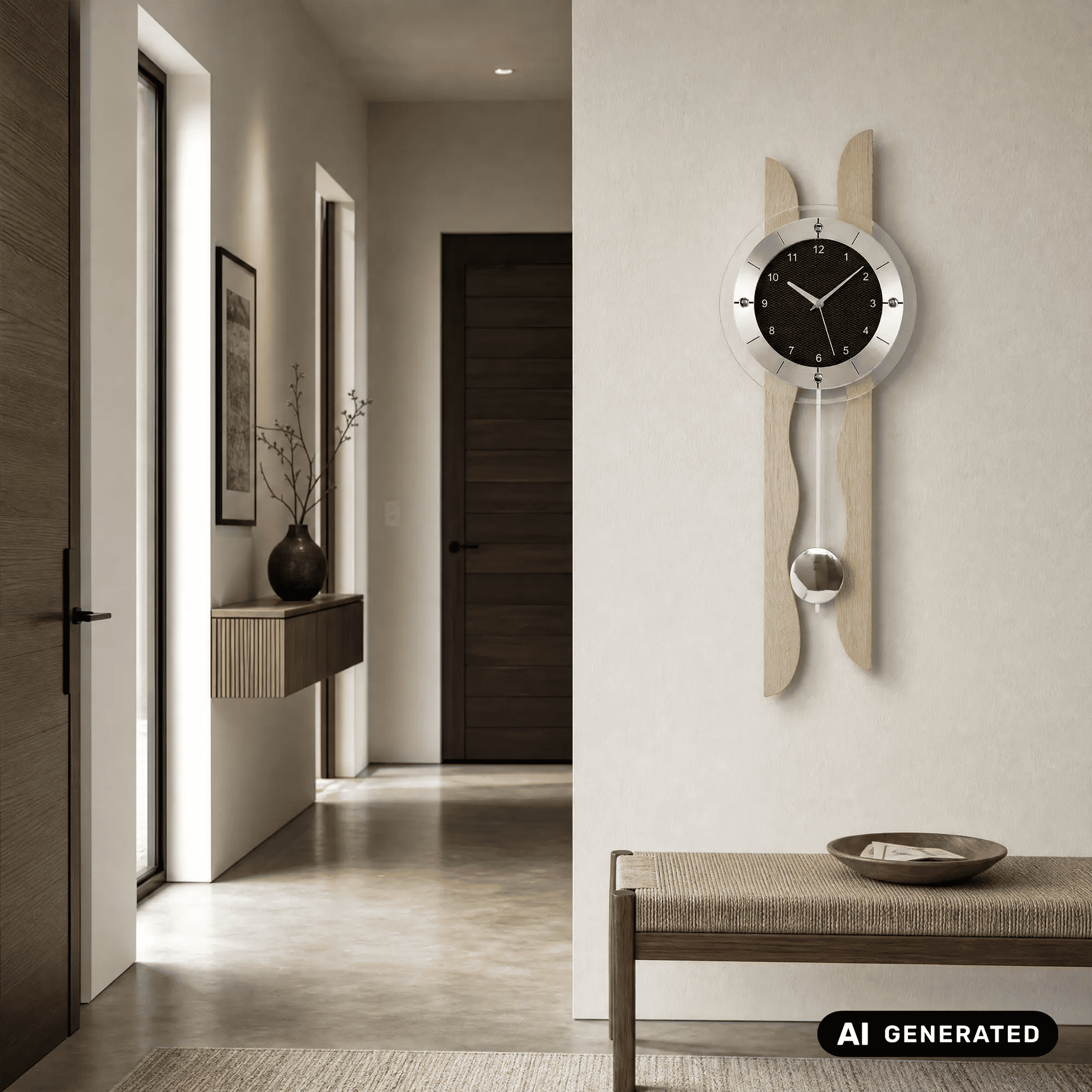 Wanduhr an der Wand: schwarzes Zifferblatt, Ahornholz, Glaspendel
