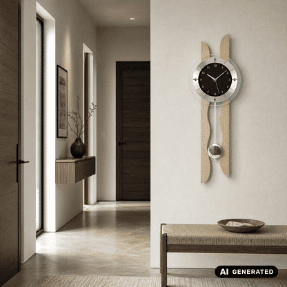 Wanduhr an der Wand: schwarzes Zifferblatt, Ahornholz, Glaspendel