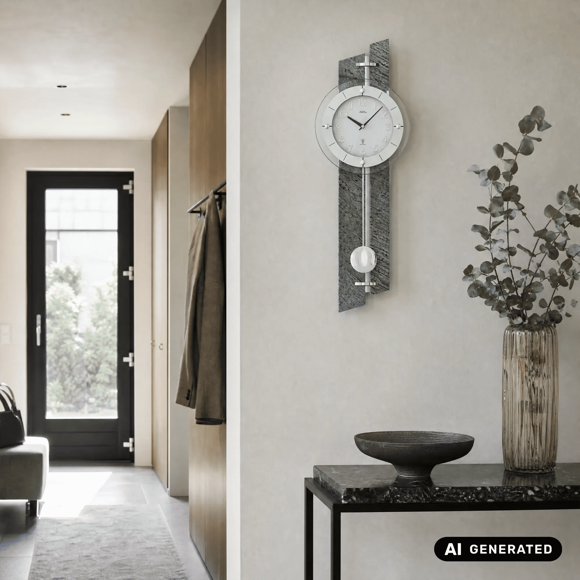 Wanduhr an der Wand mit rundem Ziffernblatt und Pendelgewicht, Edelstahloptik