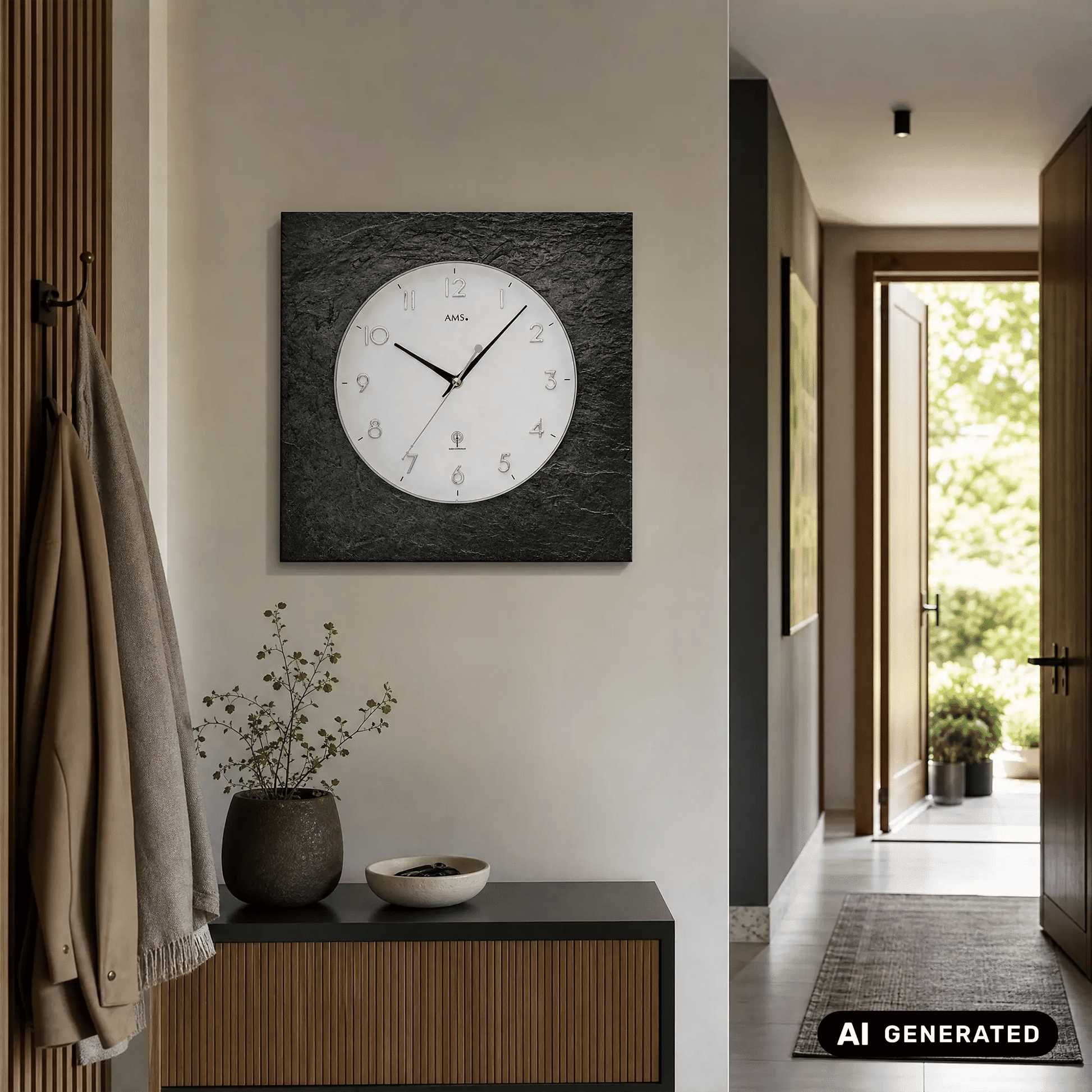 Runde Funk-Wanduhr an der Wand mit schiefergrauem Gehäuse und Mineralglas