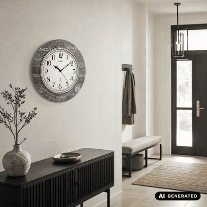 Wanduhr an der Wand, grau meliertes Gehäuse, silberner Ring, arabische Ziffern und Zeiger.