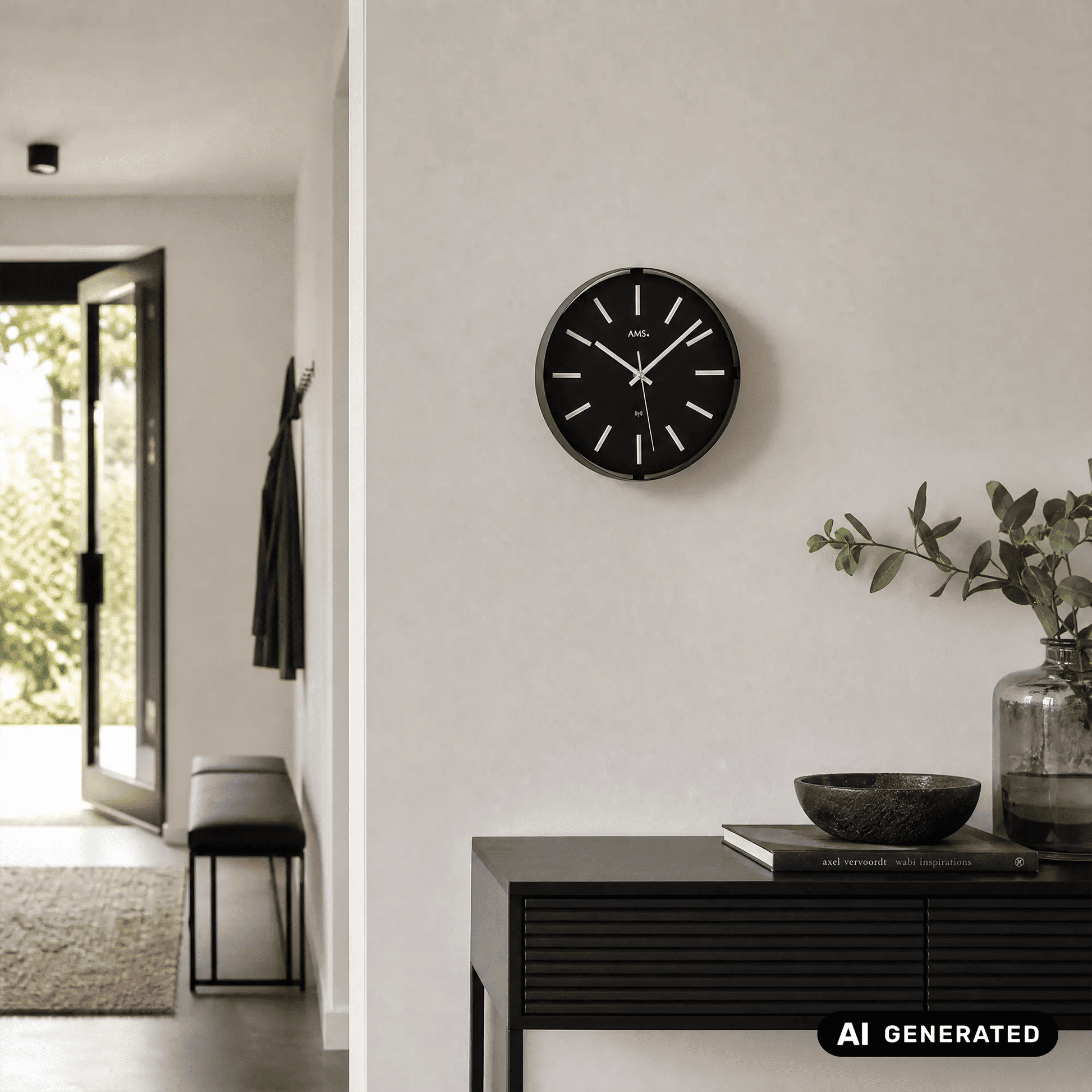 AMS Funk-Wanduhr an der Wand, schwarzes Zifferblatt mit silbernen Stundenmarken