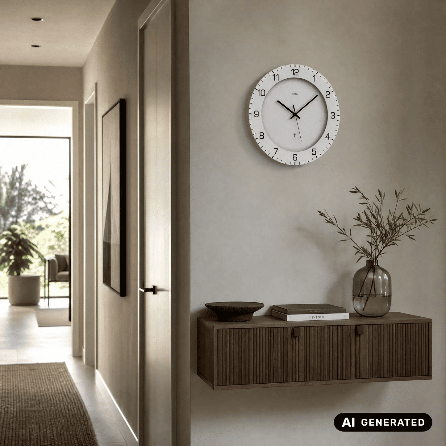 Beige Wanduhr an der Wand mit weißem Rand, schwarzen Zeigern und Ziffern