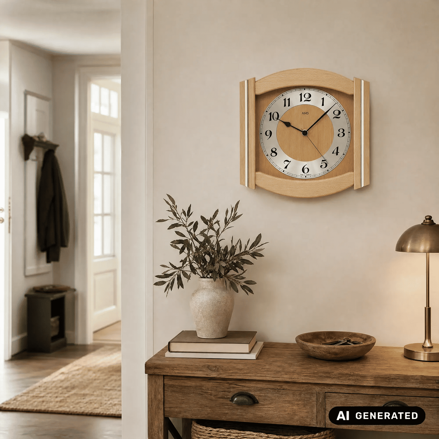 AMS Wanduhr im Holzrahmen mit Mineralglas und römischen Ziffern