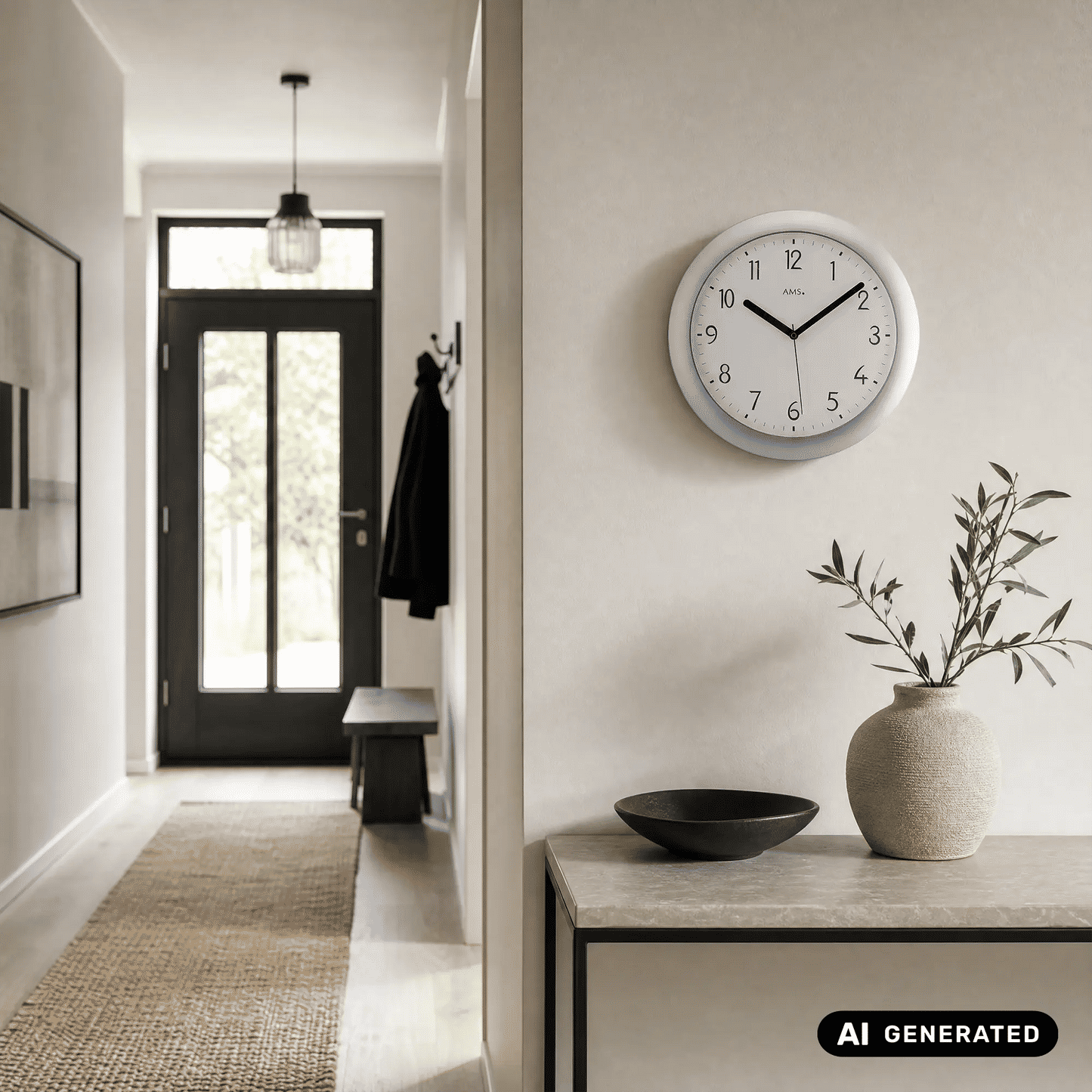 Funk-Wanduhr an der Wand, runder silberner Rahmen, weißes Zifferblatt mit schwarzen Zeigern.