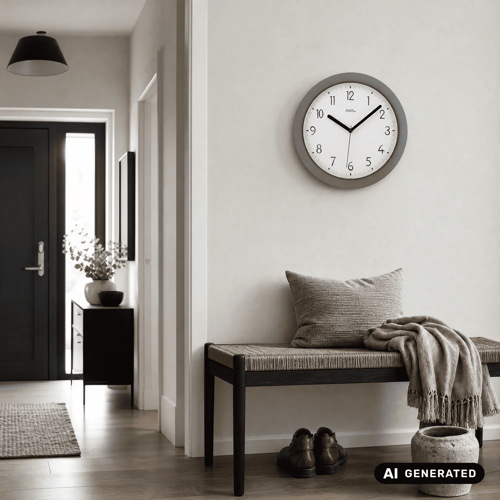 Funk-Wanduhr mit schwarzem Kunststoffgehäuse, weißem Ziffernblatt und schwarzen Zeigern