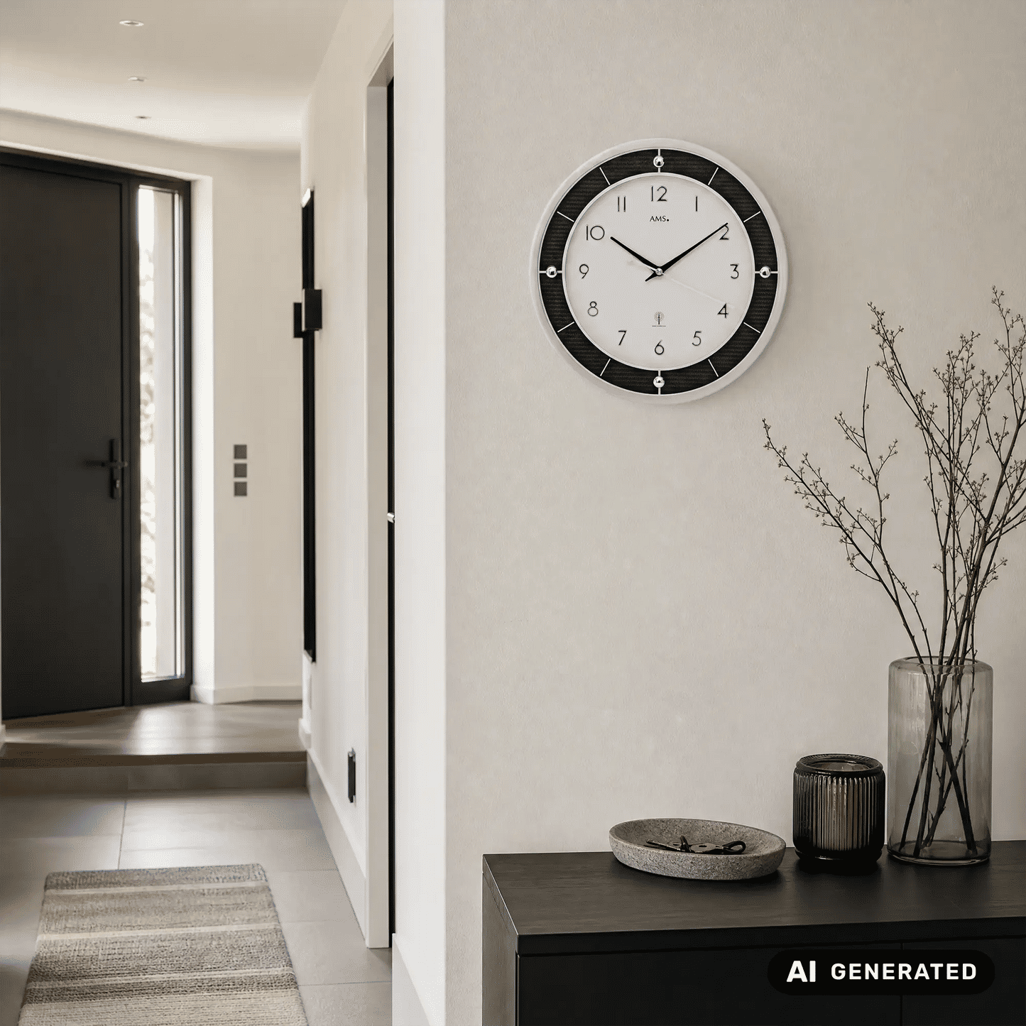 Wanduhr an heller Wand mit silbernem Rand, weißem Zifferblatt und schwarzen Zeigern