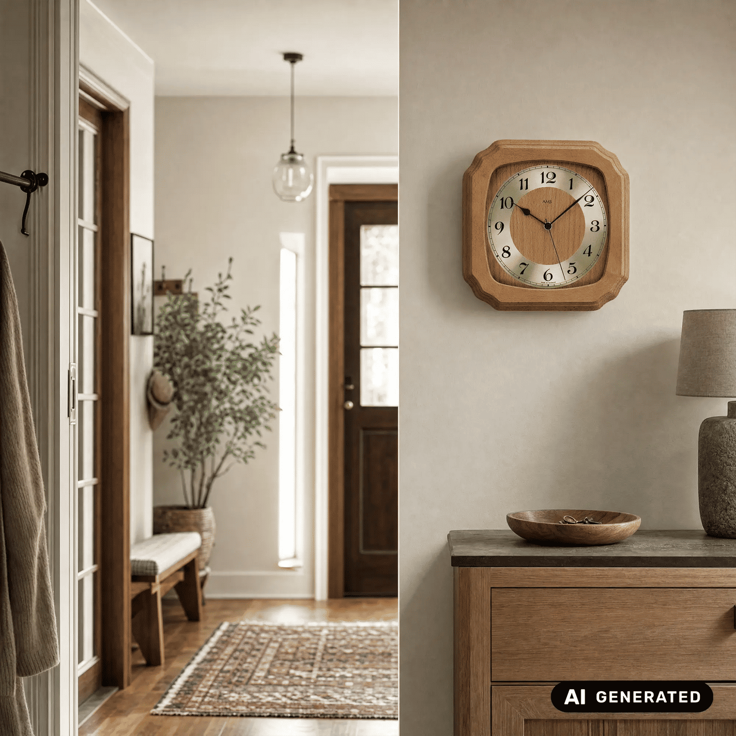 Funk-Wanduhr im Holzrahmen an der Wand mit Glasabdeckung und blauen Zeigern