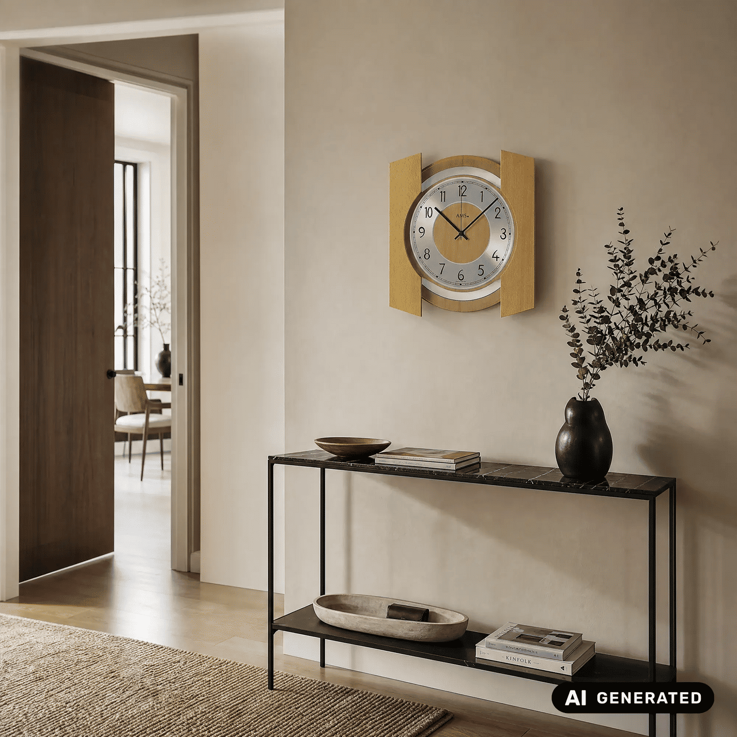 Wanduhr an der Wand mit rundem Glasziffernblatt im hellen Holzgehäuse.