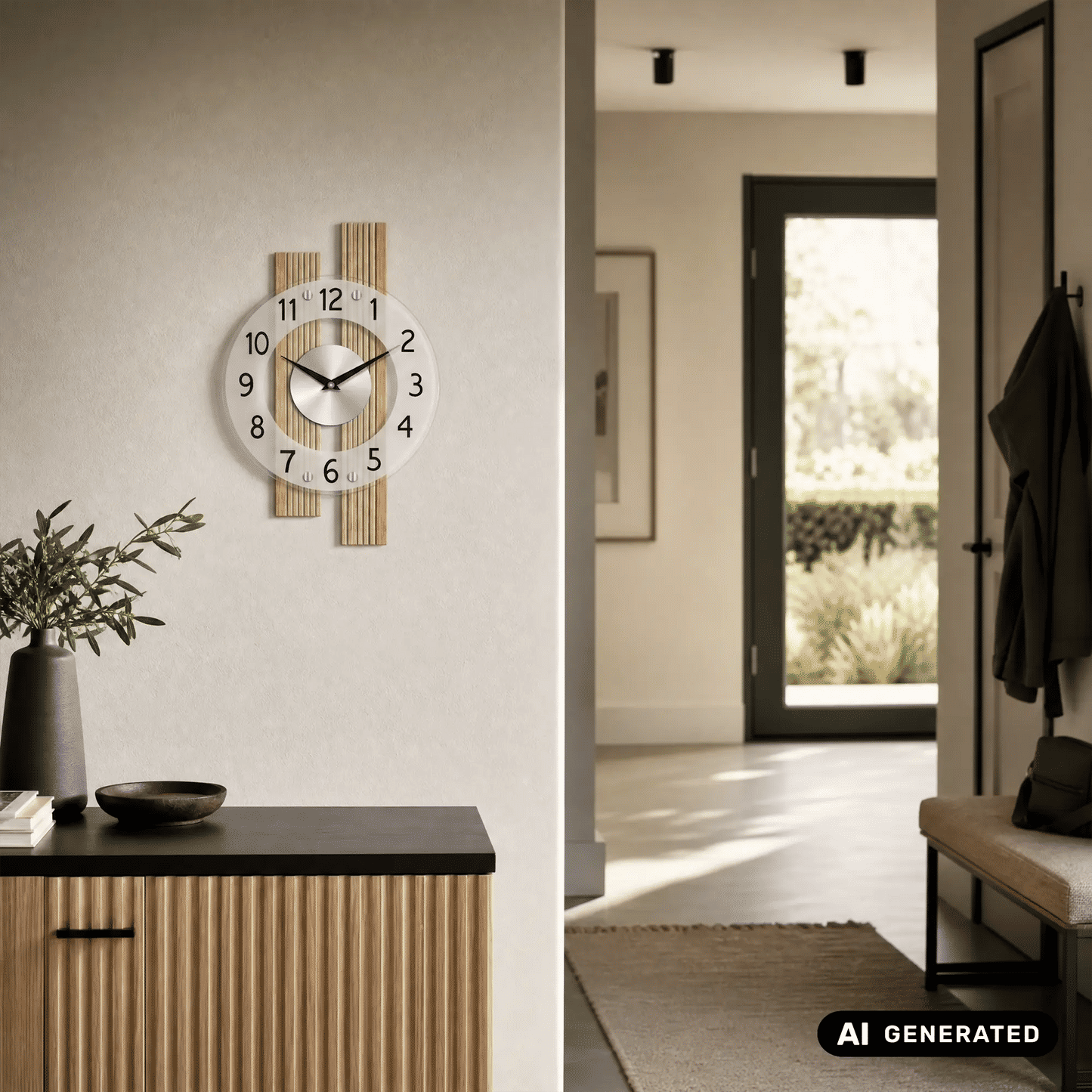 AMS Wanduhr an der Wand: Buchenholzrahmen, satiniertes Mineralglas, arabische Ziffern und Zeiger