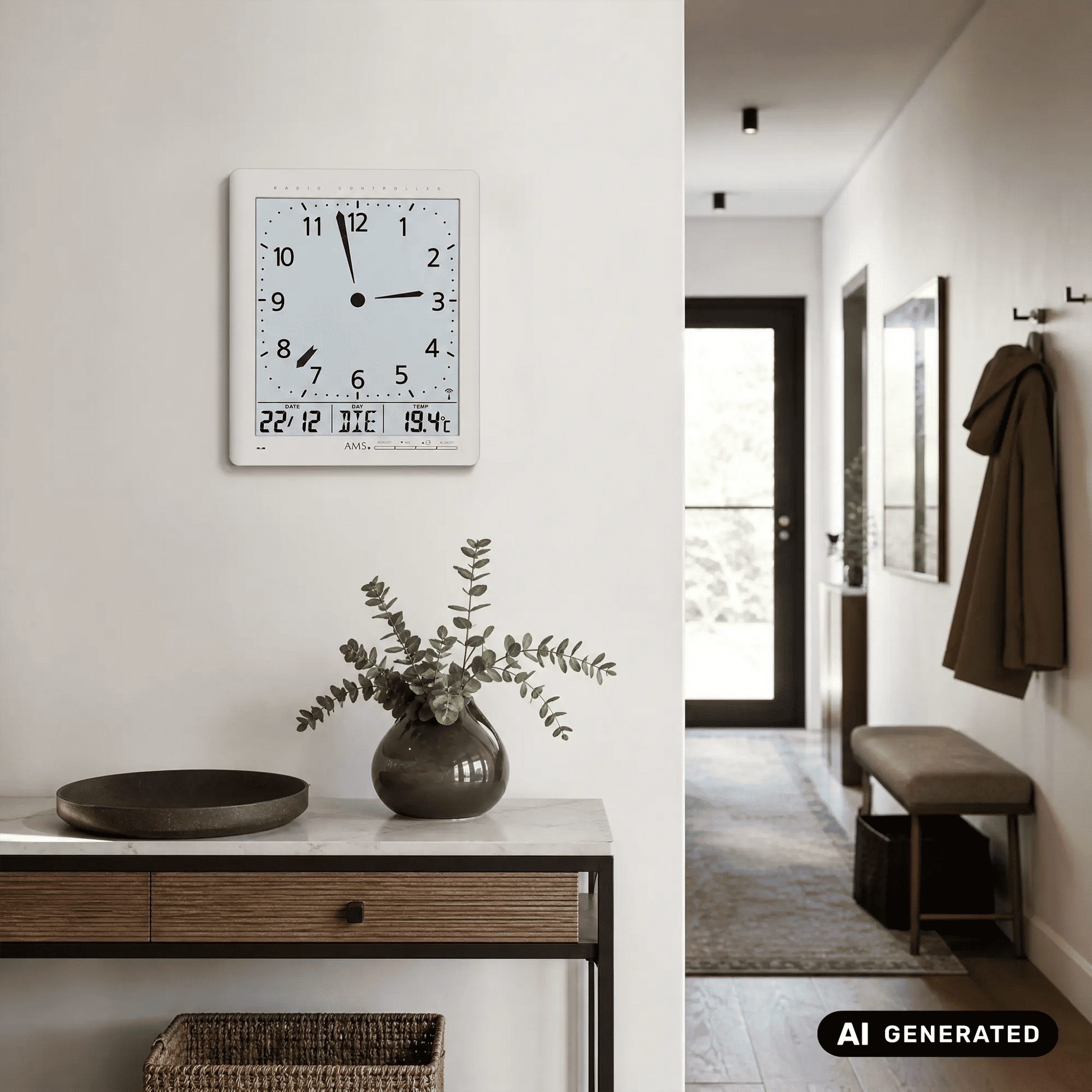 Silberne Funk-Wanduhr an der Wand mit analoger Zeitanzeige und digitaler Temperaturanzeige