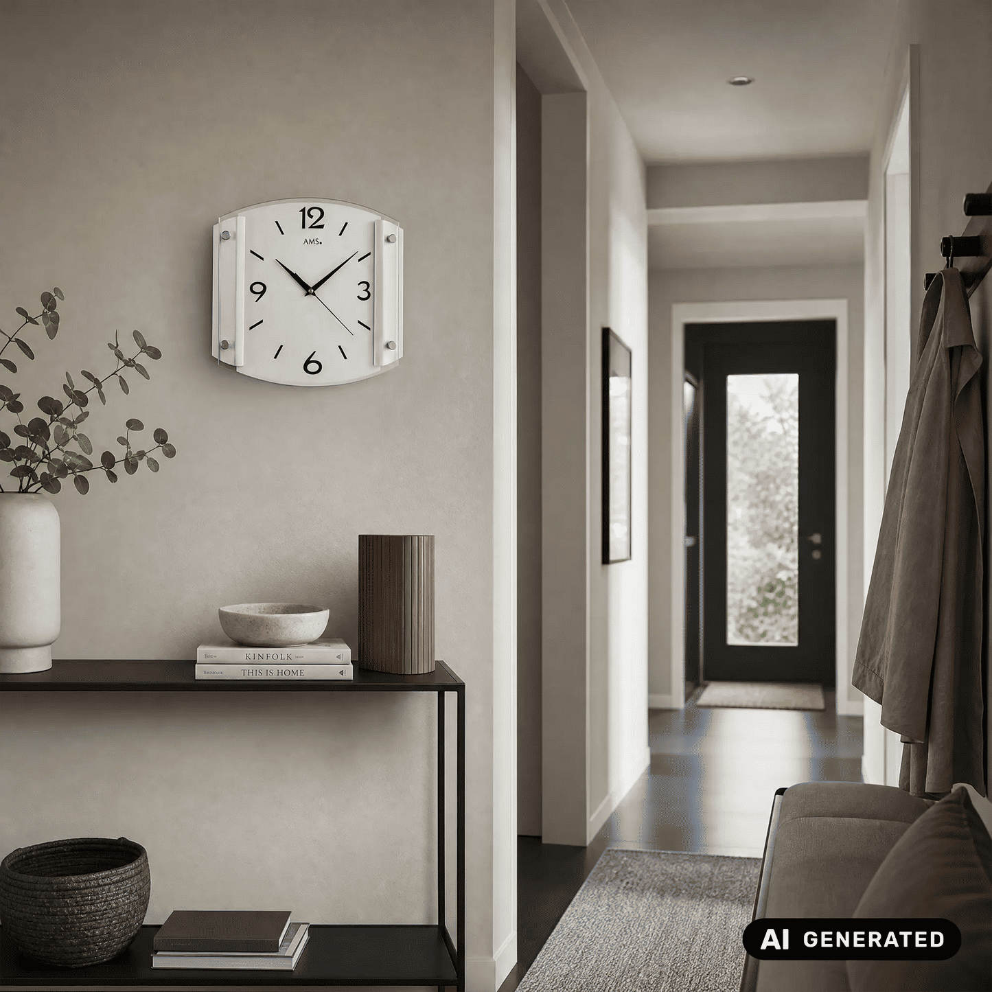 Silberne Wanduhr an der Wand mit weißem Zifferblatt, schwarzen Zahlen und Mineralglas.