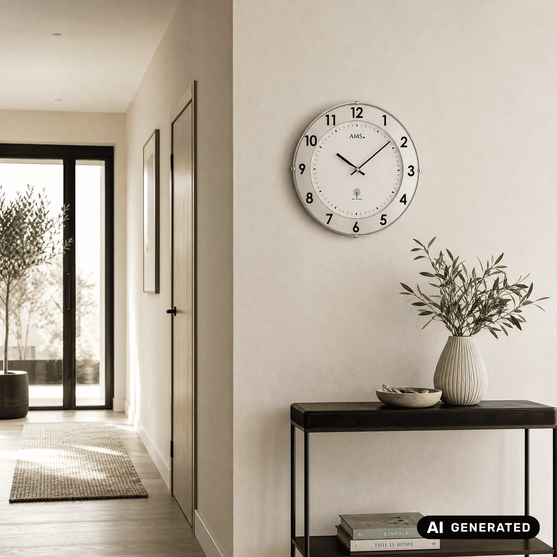 Funk-Wanduhr an der Wand mit weißem Ziffernblatt und silbernem Metallrand, Zeiger