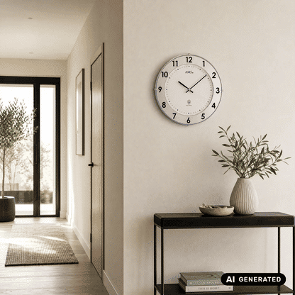 Funk-Wanduhr an der Wand mit weißem Ziffernblatt und silbernem Metallrand, Zeiger