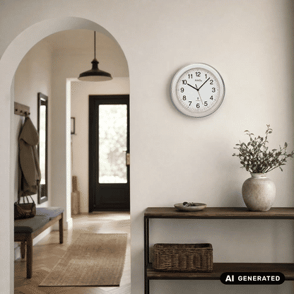 Runde Wanduhr an der Wand mit silbernem Rahmen, weißem Ziffernblatt und schwarzen Zeigern