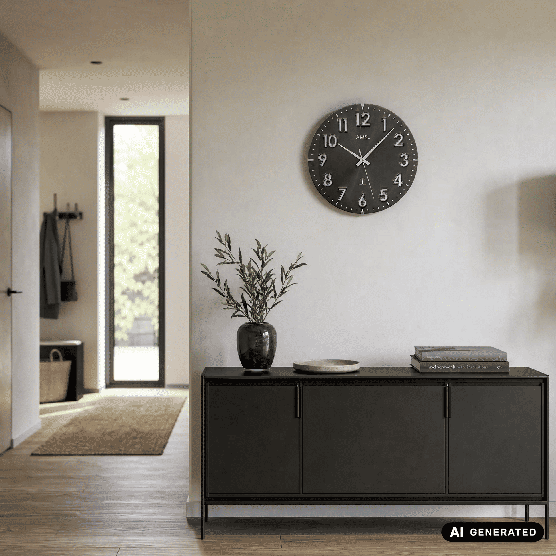 AMS Funk-Wanduhr mit rundem, dunklem Zifferblatt, silbernen Ziffern 1–12 und Sekundenanzeige