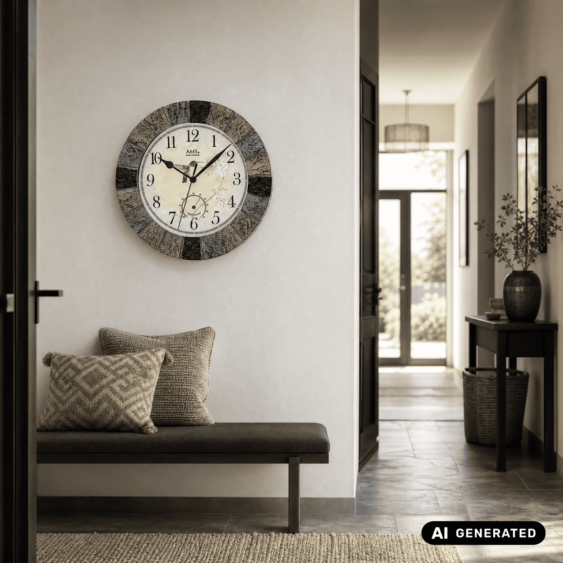 Wanduhr im Kreisdesign mit schwarzem-grauem Steinoptikrahmen und beigem Ziffernblatt