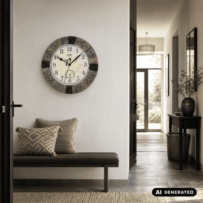 Wanduhr im Kreisdesign mit schwarzem-grauem Steinoptikrahmen und beigem Ziffernblatt
