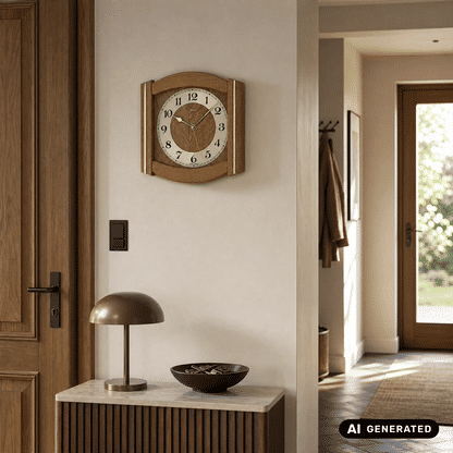 Runde Funk-Wanduhr mit Holzrahmen aus Eiche, Ziffernblatt mit Leichtmetall-Zeigern